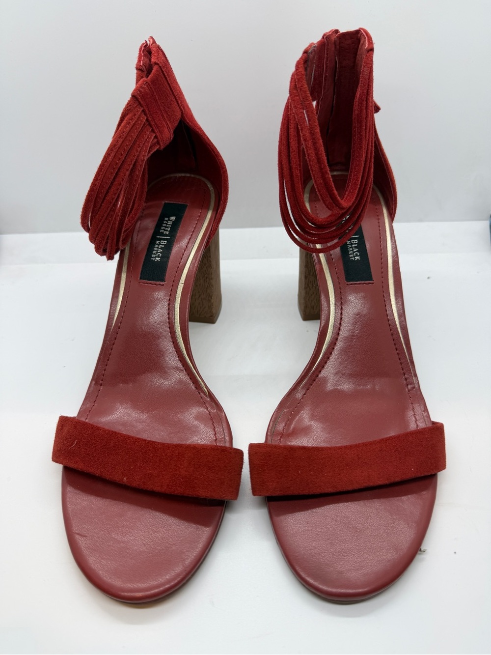 White House Black Market Red Suede Ankle-Tie Block Heels